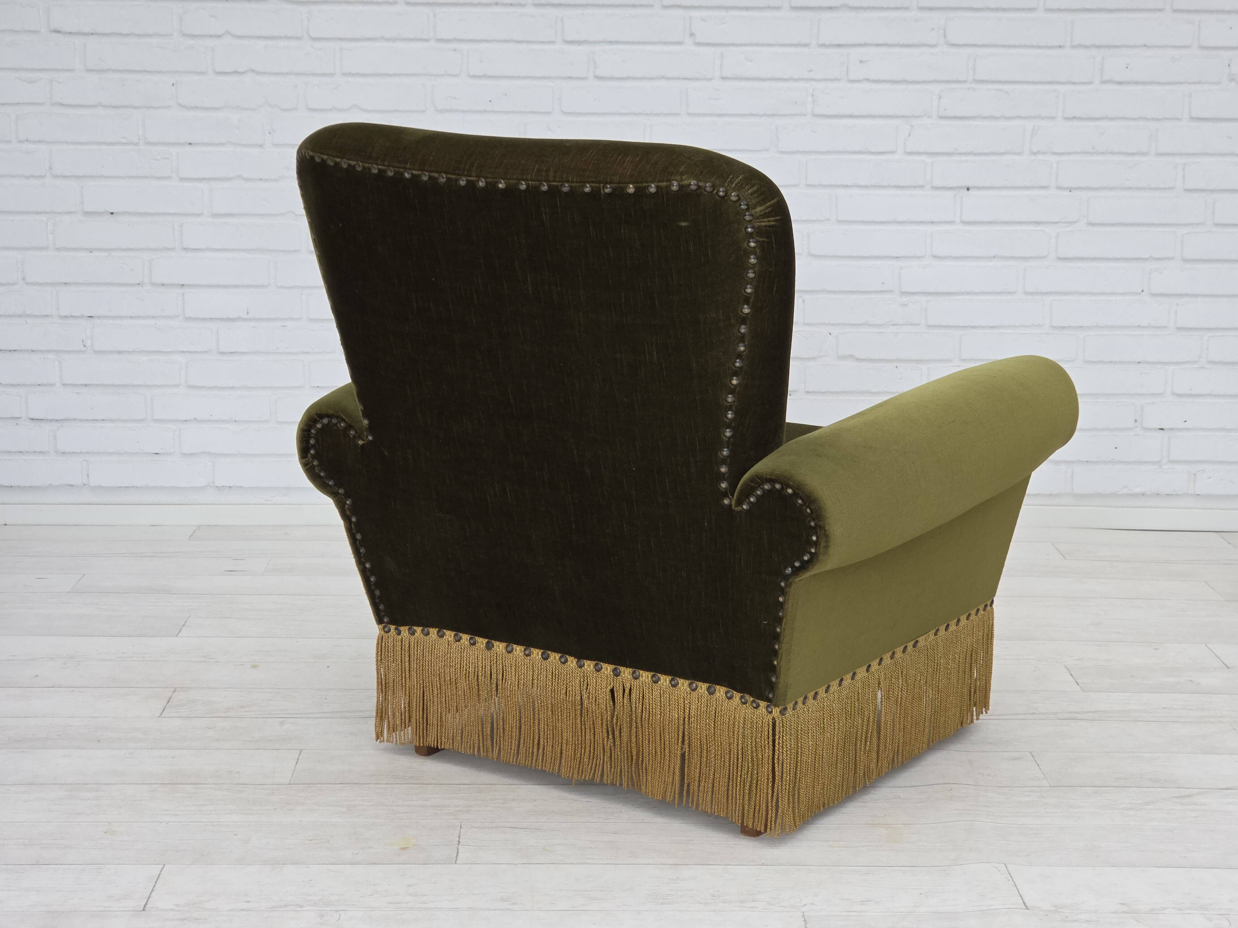 1970s, Danish lounge chair, high, furniture velour, ash wood legs.