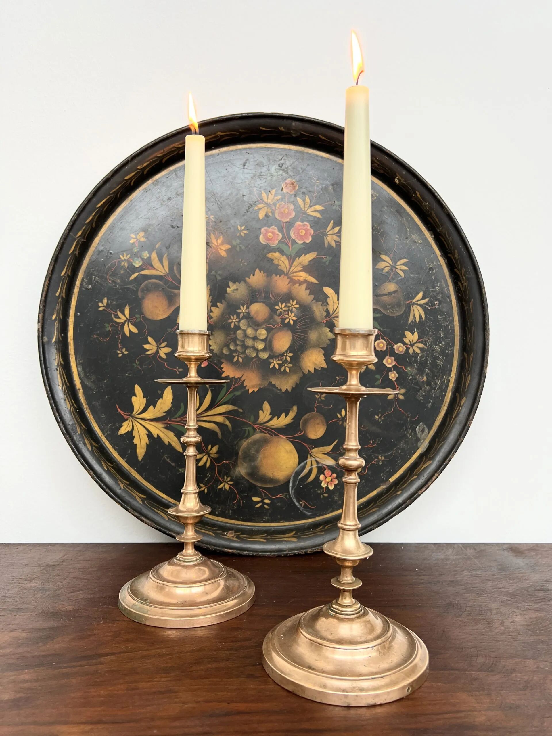 Pair of antique turned rose brass candlesticks (24 cm)