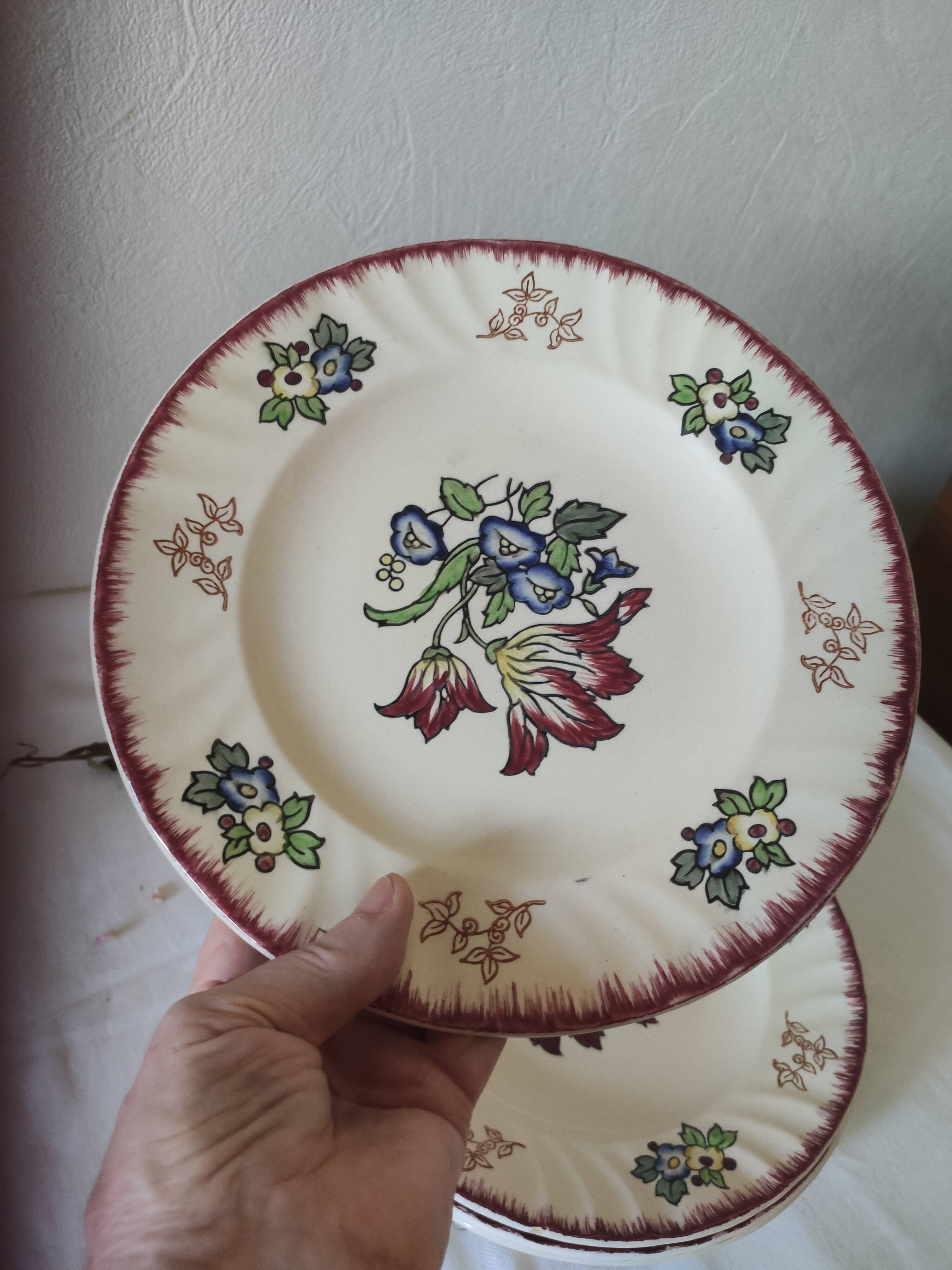 Set of 5 flat plates, signed Longwy.