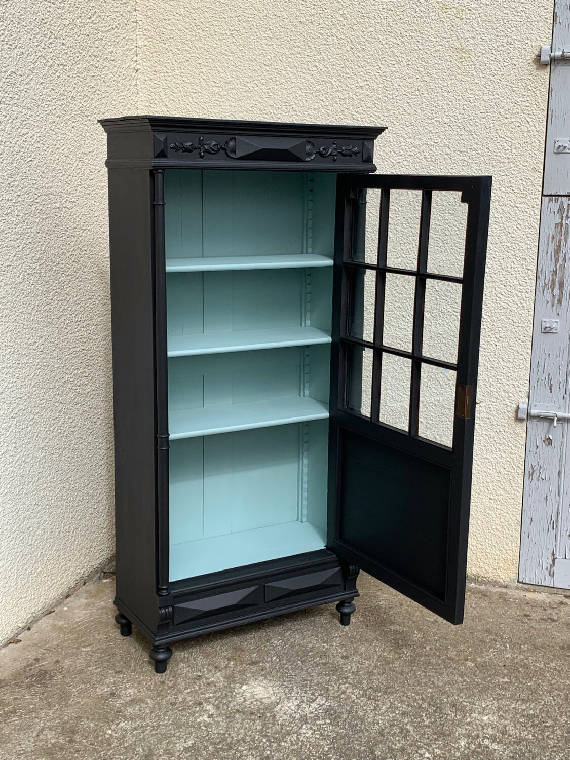 Armoire parisienne vitrée noire et vert grisé 150cm