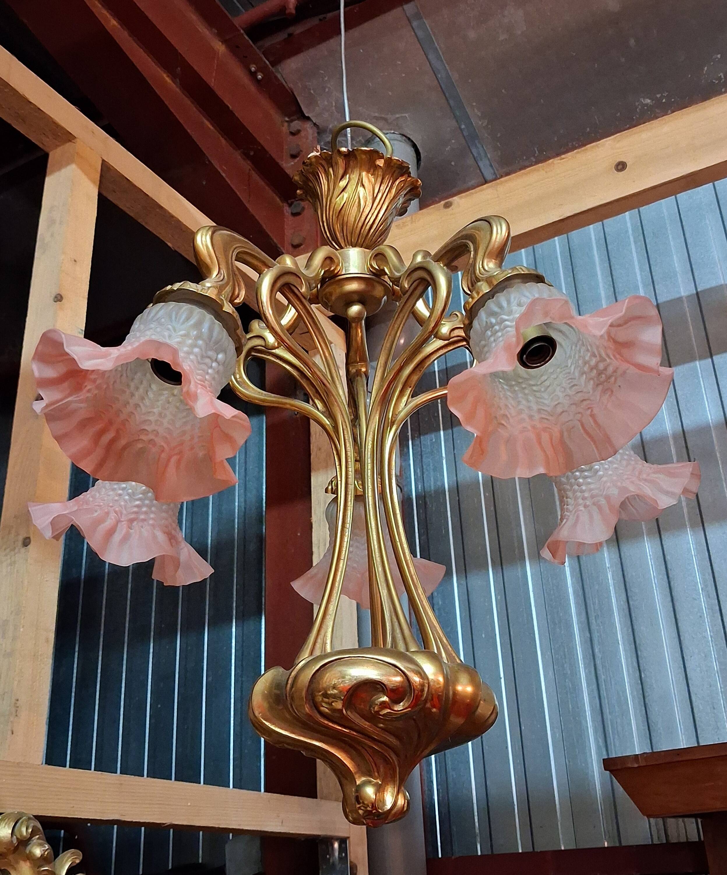 Art Nouveau bronze chandelier with five lights / Nancy school style