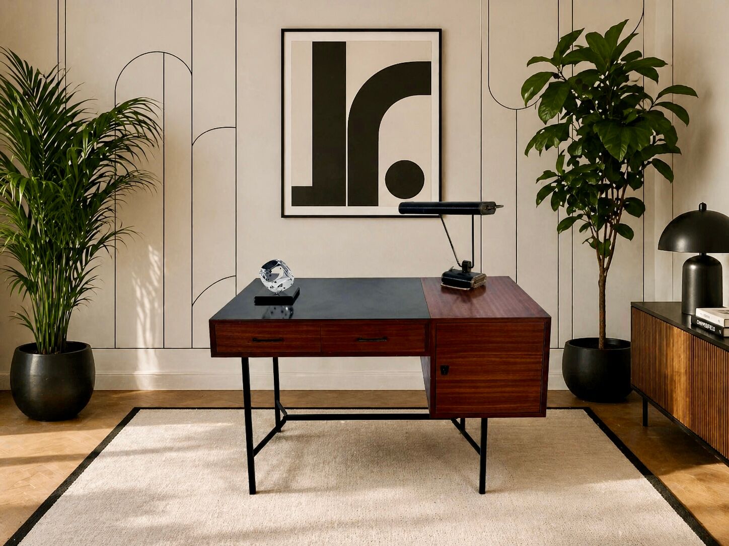 French modernist desk from the 1950s with 2 drawers, 1 cabinet, and 1 container.