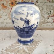 Delfts Blue FG vase Dutch landscape on one side and floral decoration on the other