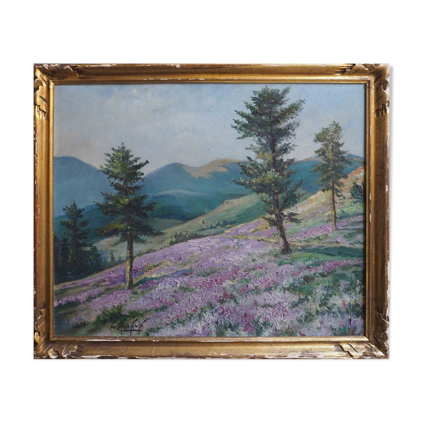 Painting heather landscape with mountain and village signed cf. anglade