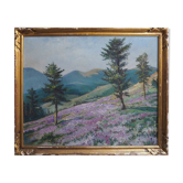 Painting heather landscape with mountain and village signed cf. anglade