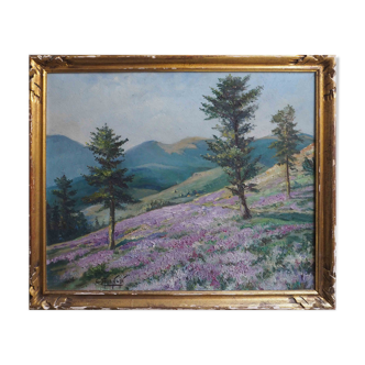 Painting heather landscape with mountain and village signed cf. anglade