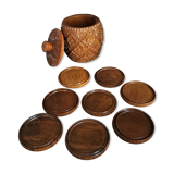 8 coasters and carved wooden box