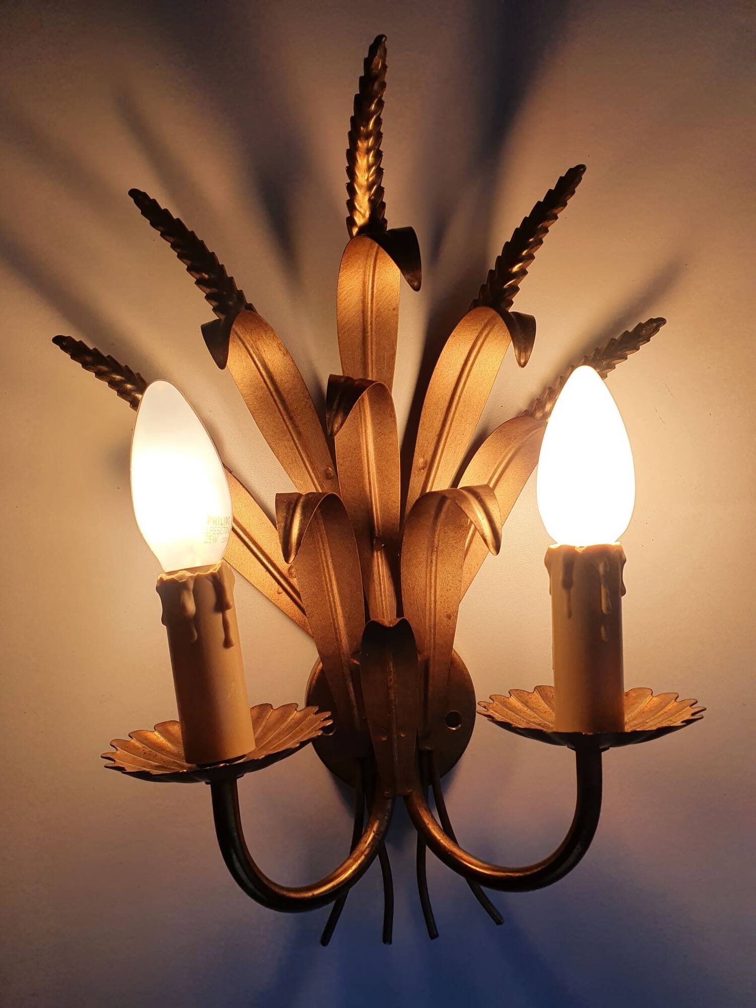 Pair of antique gold wall sconces with wheat ear motif