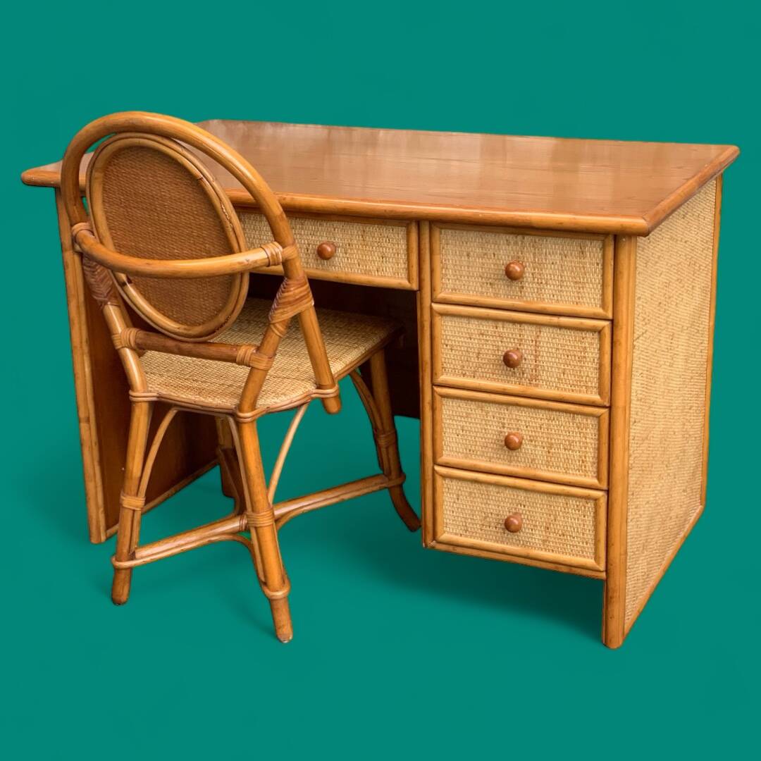 Vintage rattan and woven wicker desk 1970