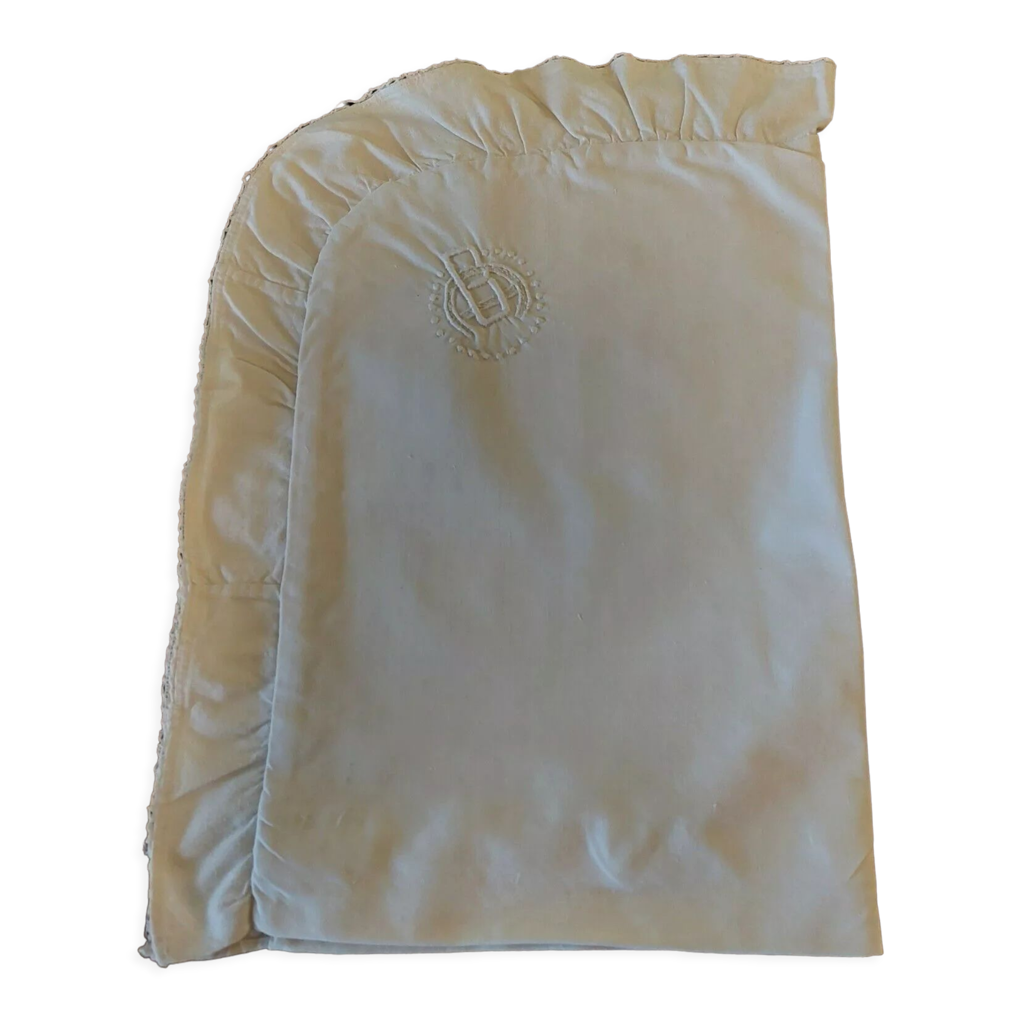 White cotton cushion or pillow case embroidered monogram and ruffle