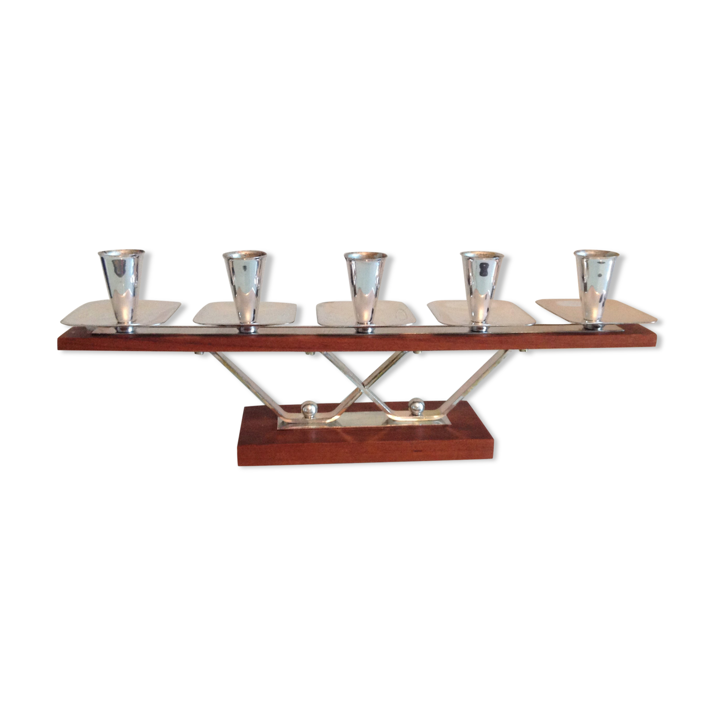 Five-head chandelier in teak and chrome metal Scandinavian style / vintage 60s-70s