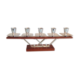Chandelier à cinq tetes en teck et métal chromé style scandinave / vintage années 60-70