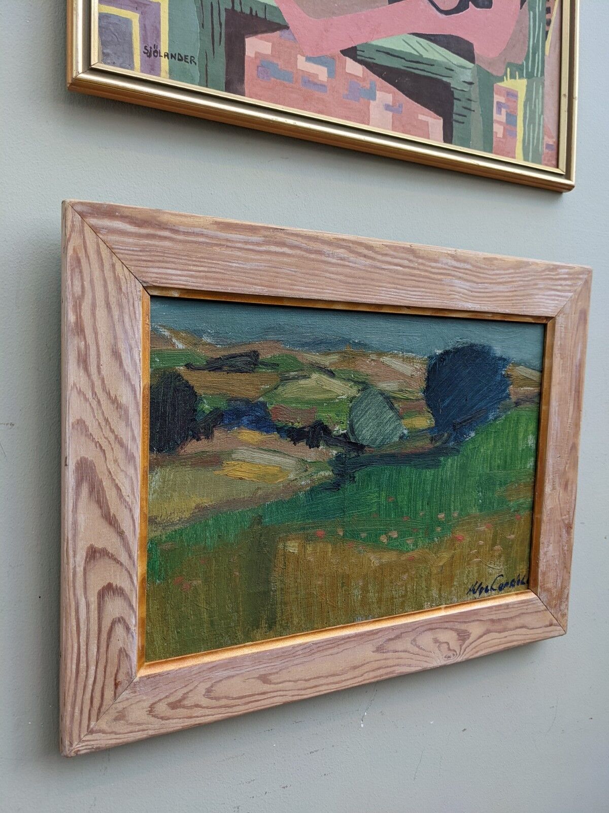 Mid-century modern "the blue tree" vintage expressionist landscape swedish oil painting