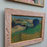 Mid-century modern "the blue tree" vintage expressionist landscape swedish oil painting