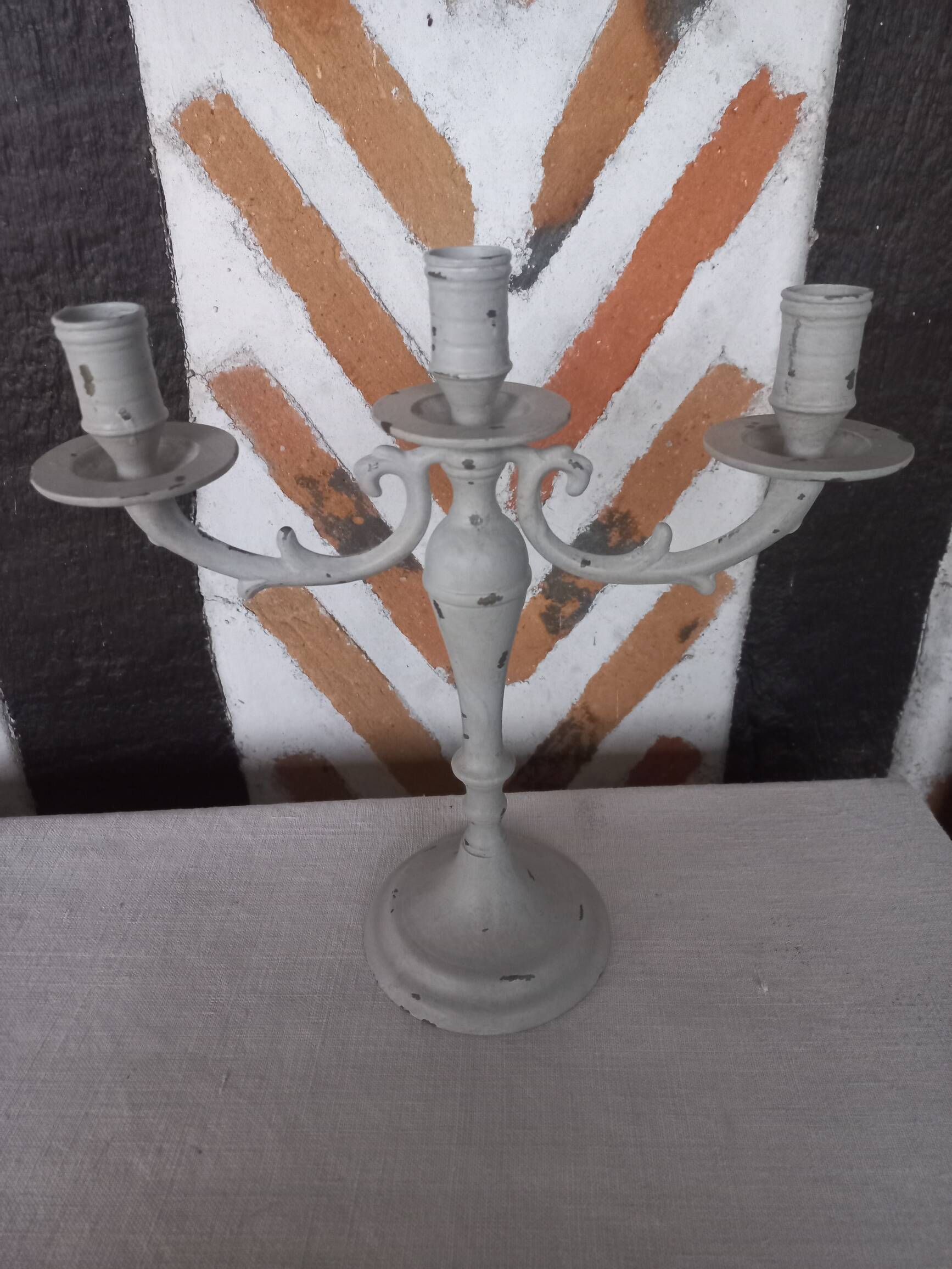 Taupe linen patinated candle holder