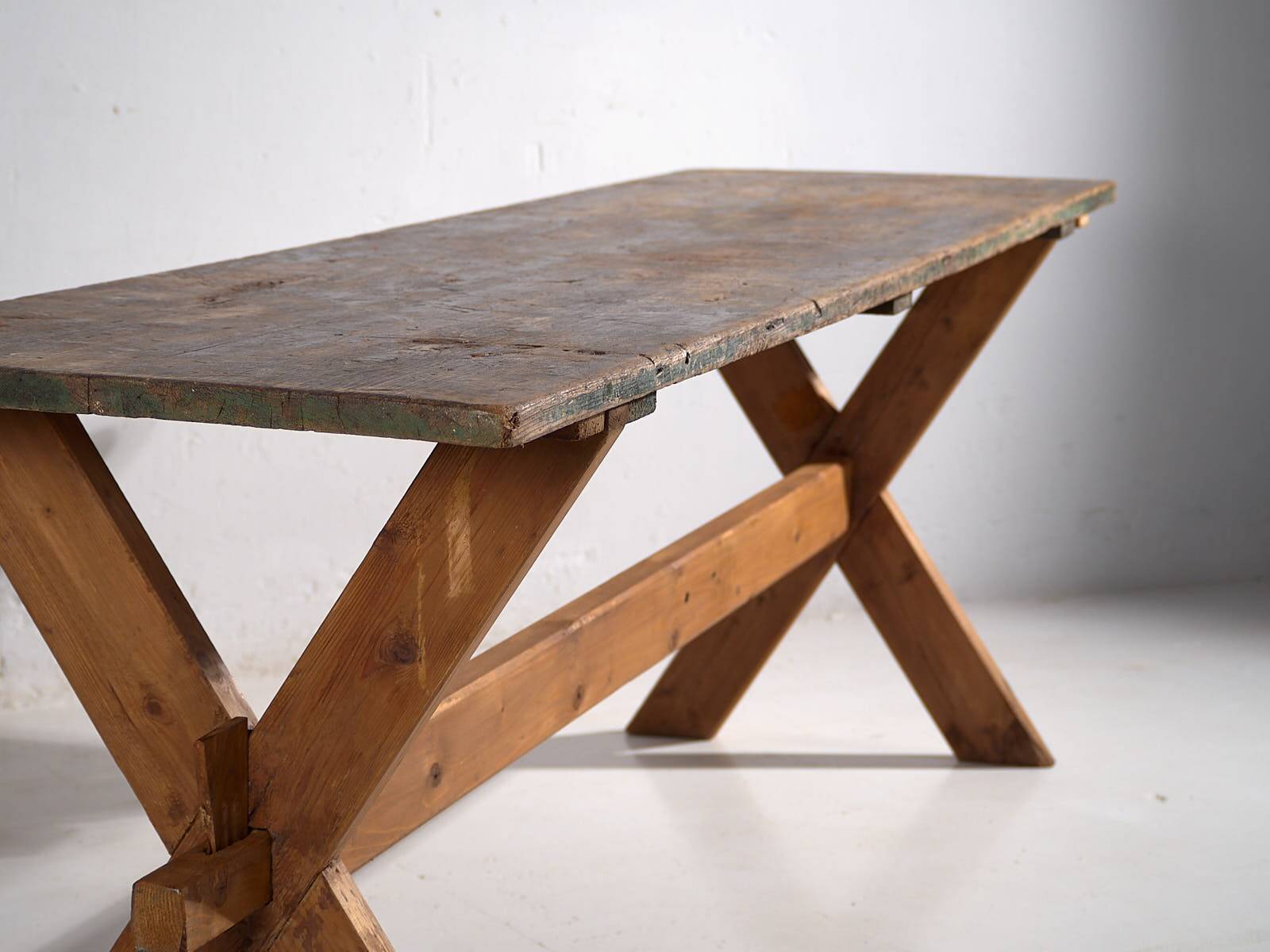 Antique solid wood table with green patina (c.1920)
