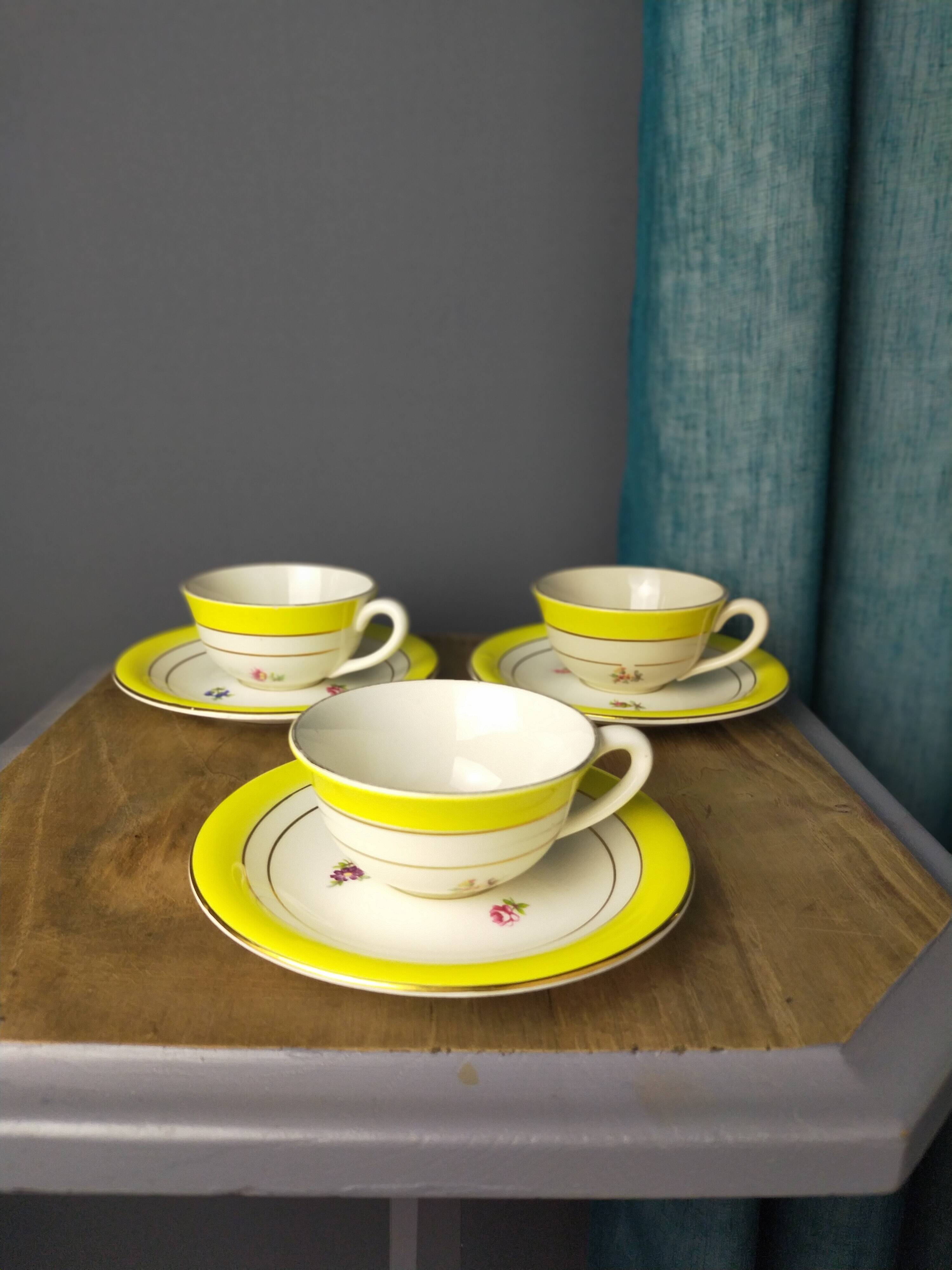 3 Gien earthenware cups and saucers decorated with flowers