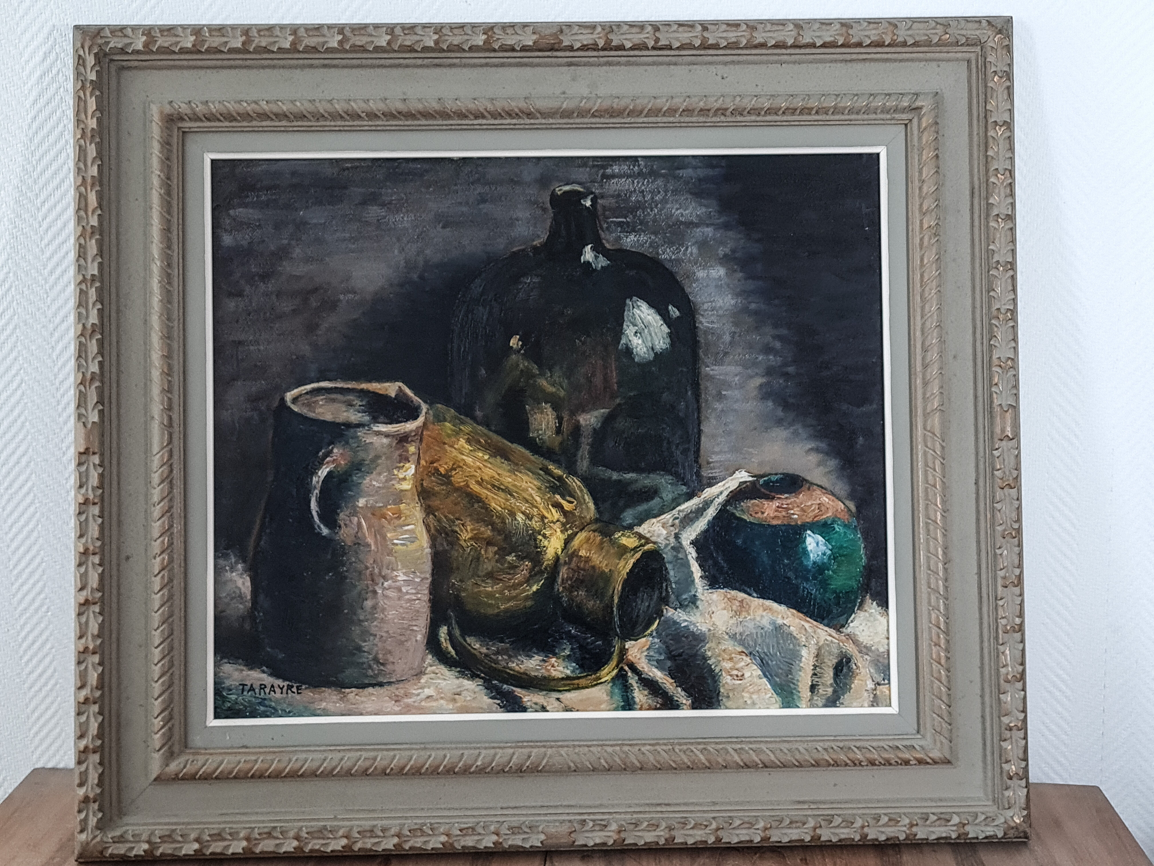 Still life signed Tarayre dated 1953, beautiful carved wood frame 78x90 cm SB