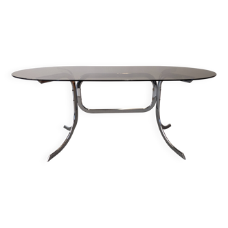Italian oval tubular table in chromed metal and smoked glass, 1960s-70s