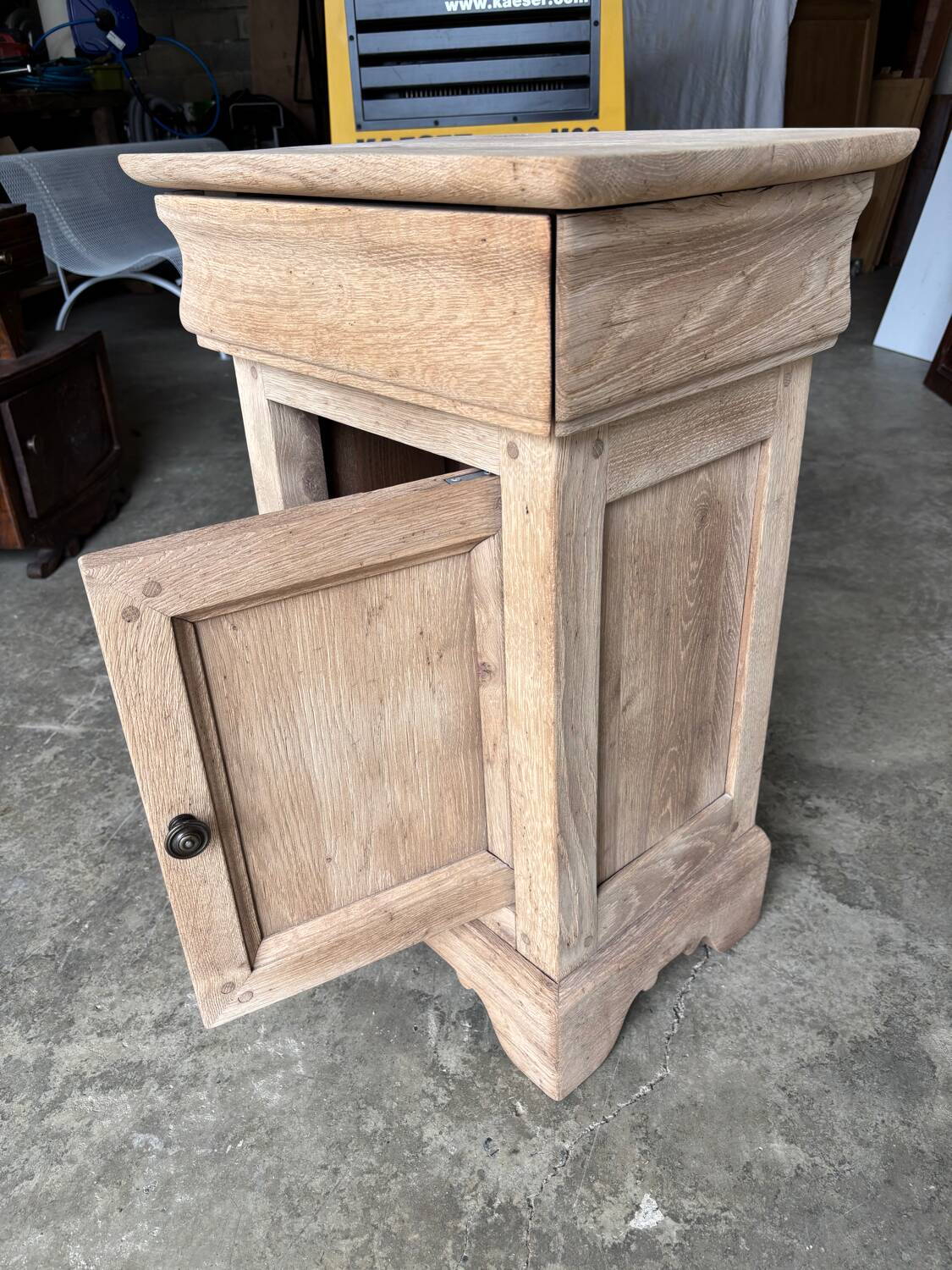 Raw wood bedside table