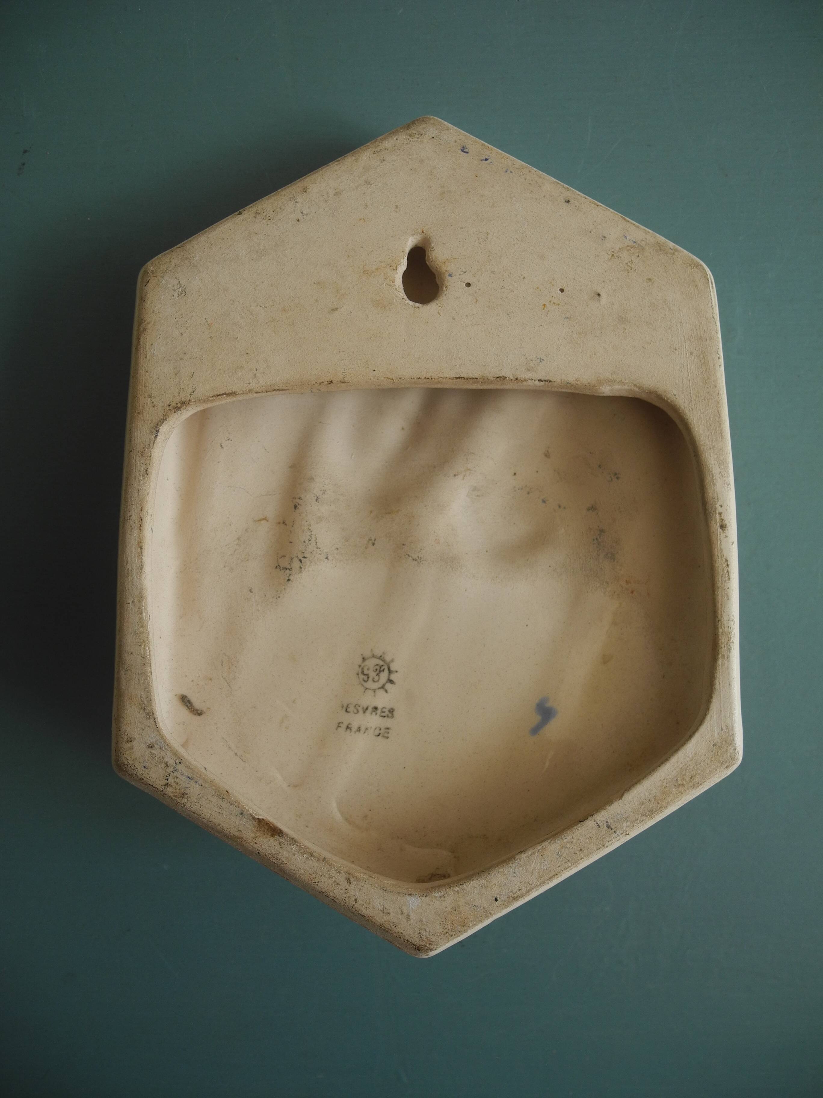 ancient holy water font Desvres Fourmaintraux earthenware