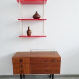 Mid century wall shelf in red and white in the string design, narrow modular hanging shelf