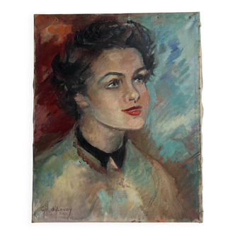 Huile sur toile, portrait de jeune femme par Gil d’Arvoy, 1950