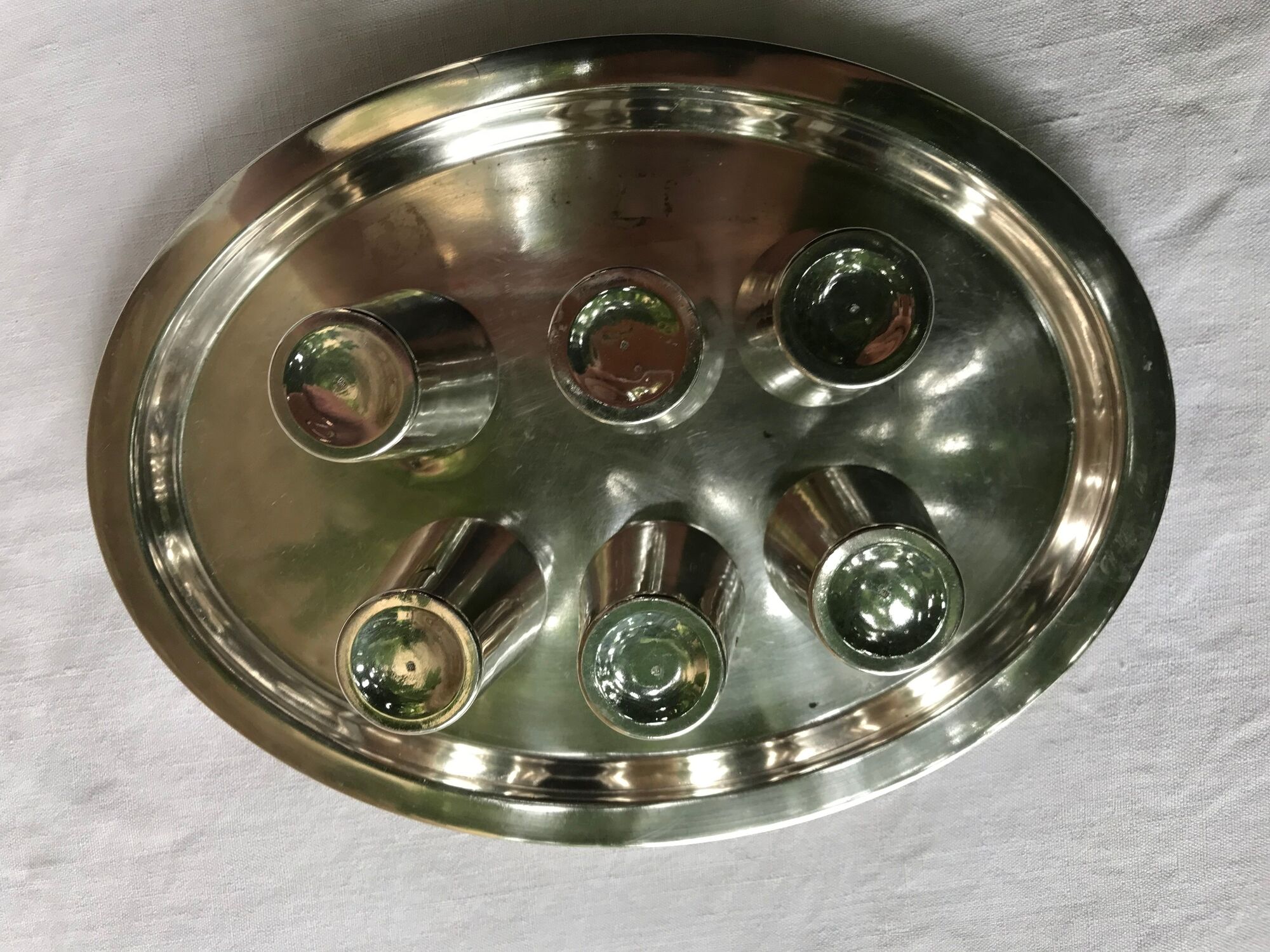 Silver Metal Liquor Service. tray and 6 cups