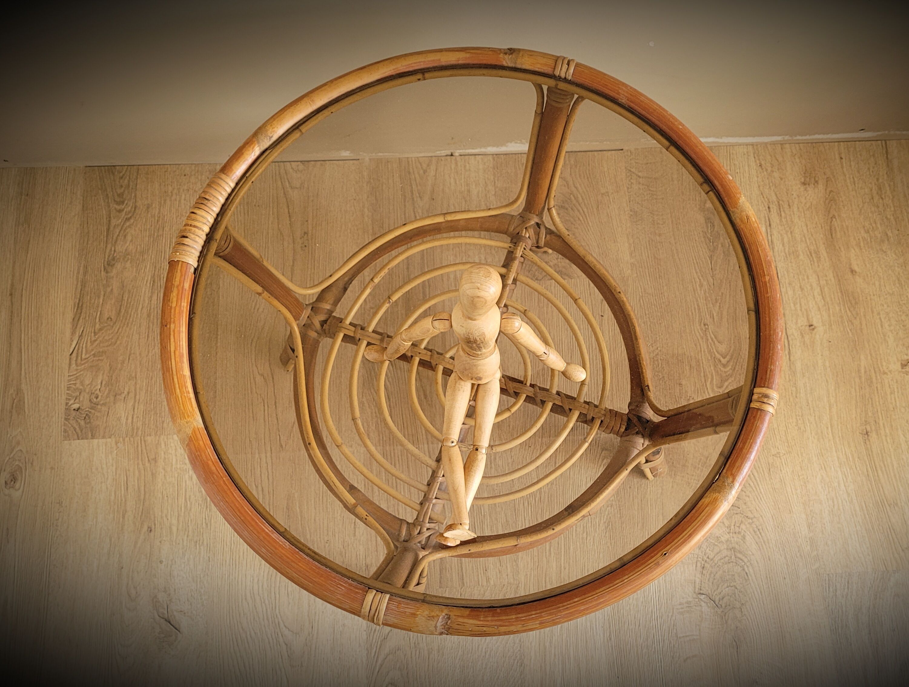 Light rattan lounge table and smoked glass