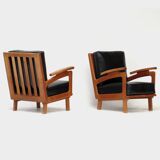 Ensemble de deux fauteuils lounge vintage en cuir noir et structure en chêne, 1960-70