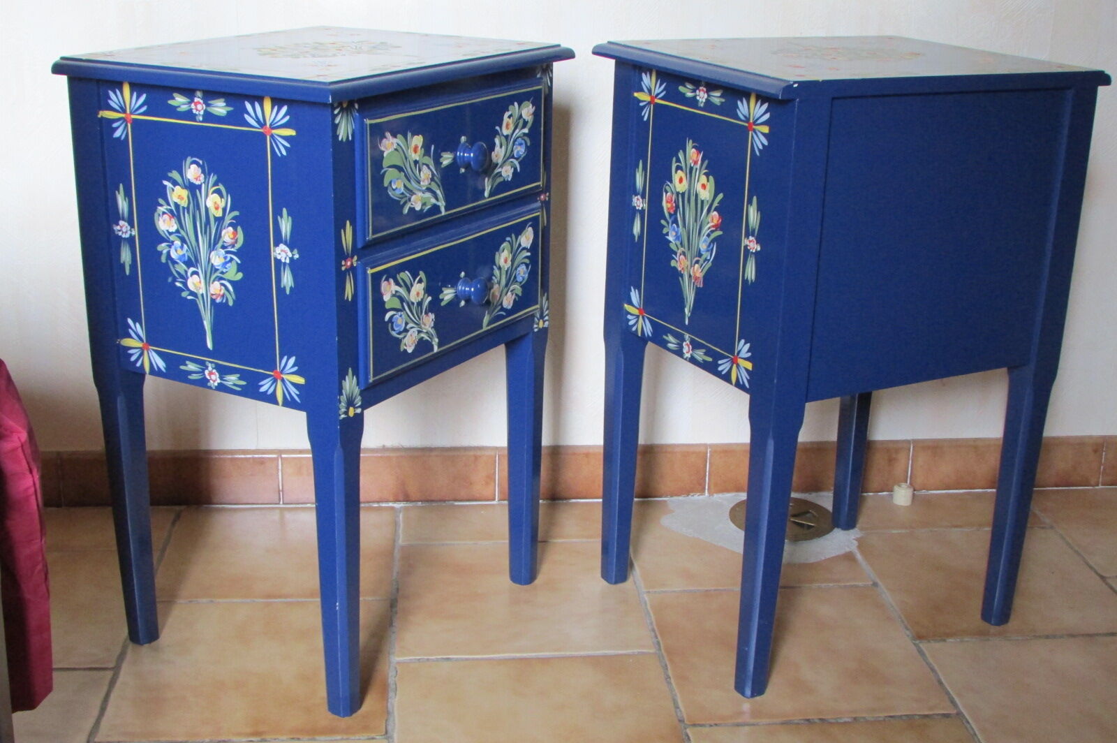 2 bedside tables, flowery blue lacquered