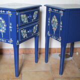 2 bedside tables, flowery blue lacquered