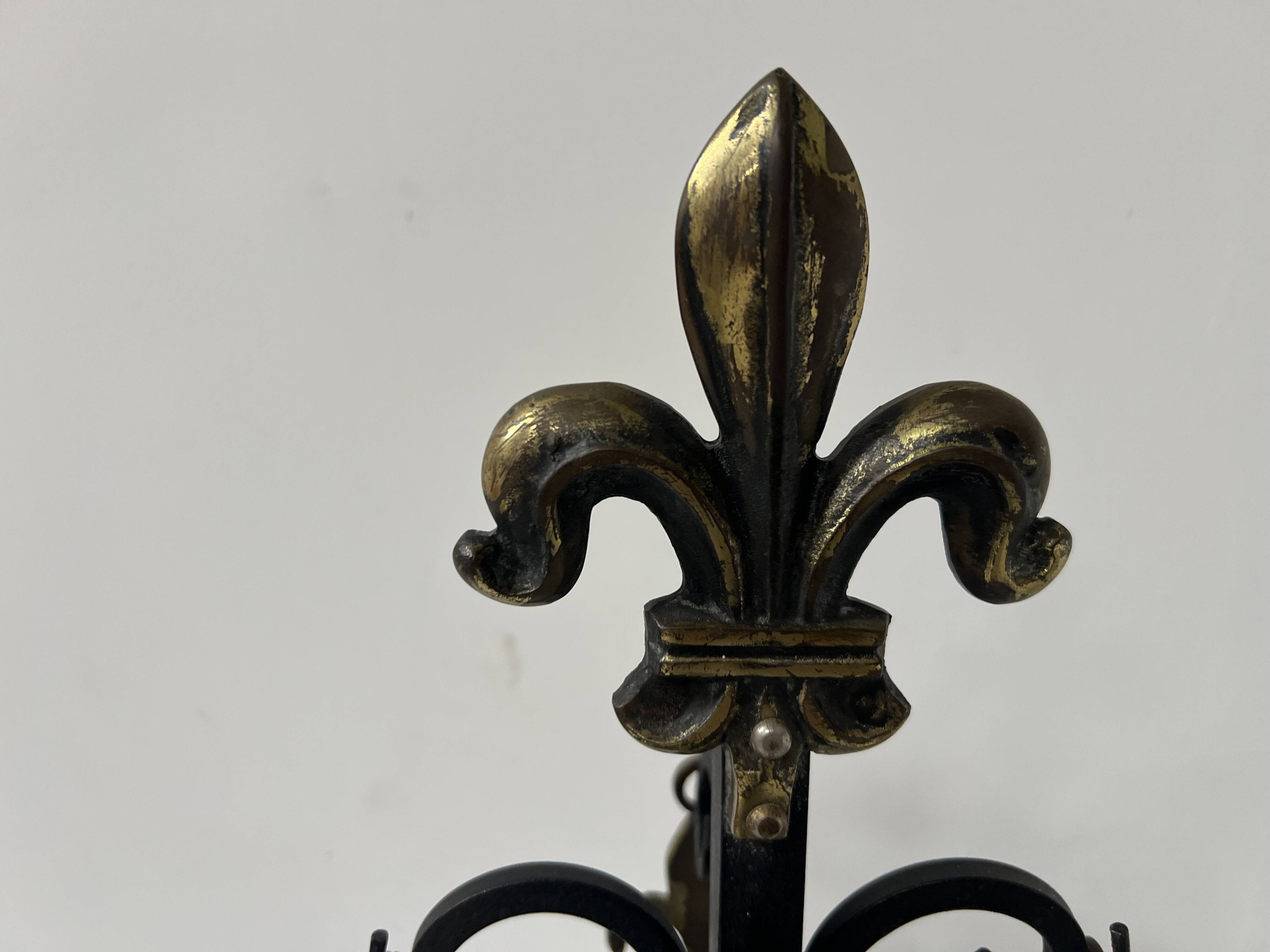 20th century wrought iron and bronze fireplace set