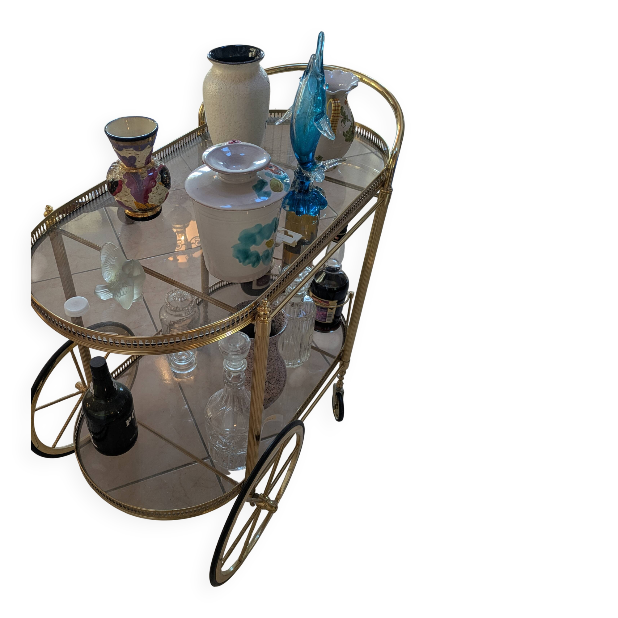Hollywood Regency style bar cart in brass and glass, 1970s