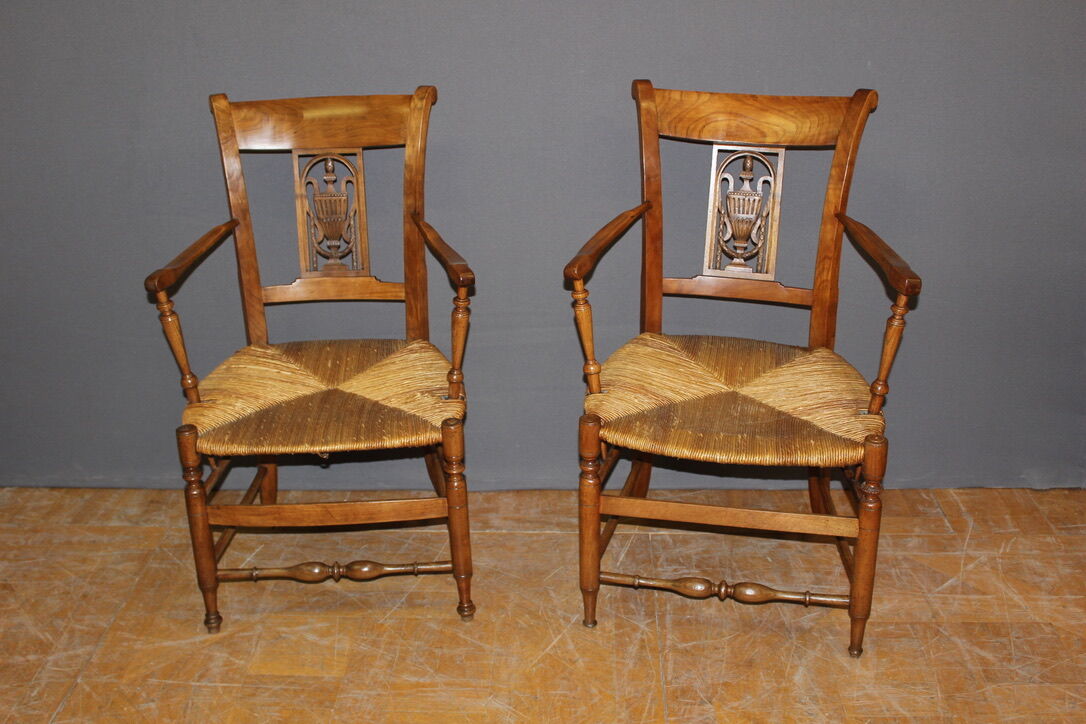 Pair of straw armchairs in cherry wood Directoire early XIX