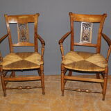 Pair of straw armchairs in cherry wood Directoire early XIX