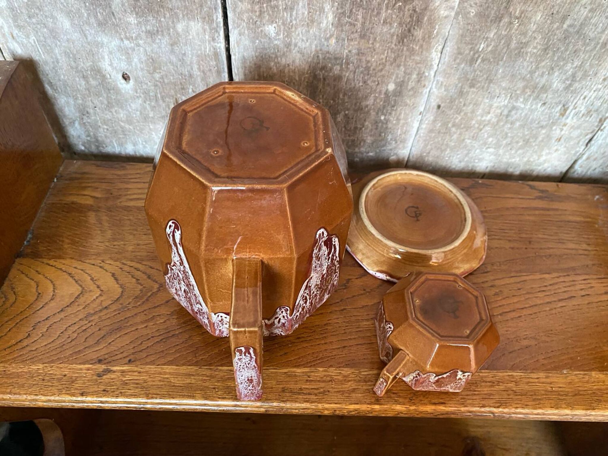Ancienne théière gf art déco céramique flammée marron vintage