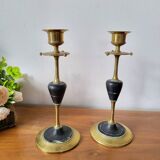 Pair of brass and black hard stone candlesticks