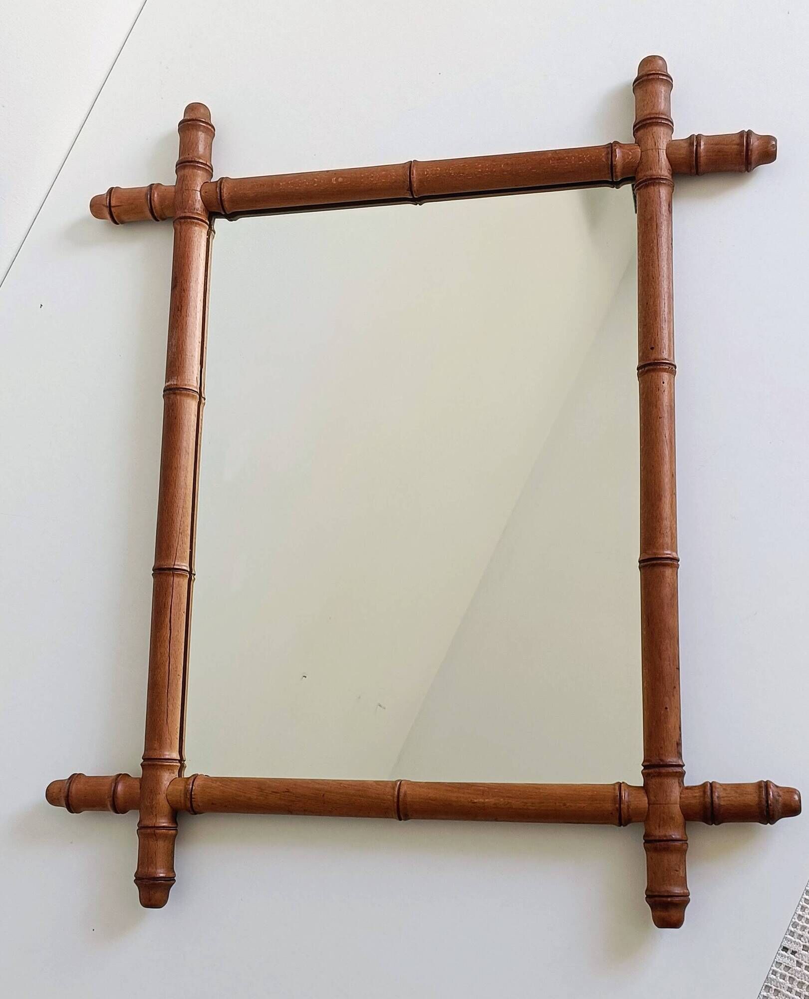 Art Nouveau Faux Bamboo Mirror, 65cm / 25.8", Handmade, Wood, C. 1900