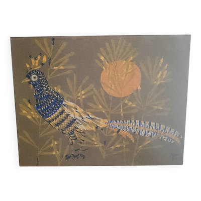 Faisan bleu Cubiste Tapisserie Laine Artiste René Fumeron Tableau France vintage 1970's