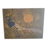 Blue Pheasant Cubist Tapestry Wool Artist René Fumeron Painting France vintage 1970s
