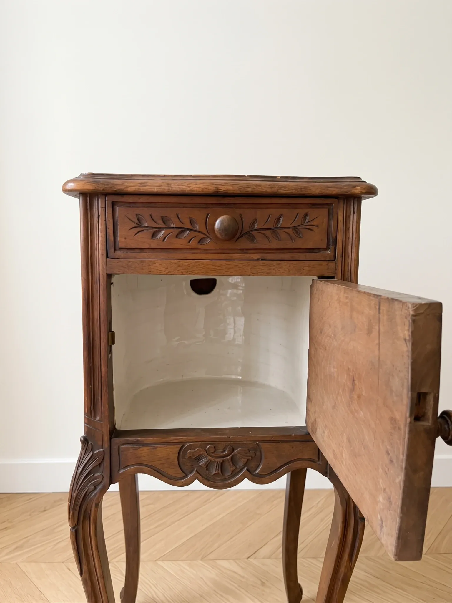 Antique Louis XV style bedside table in wood and marble.