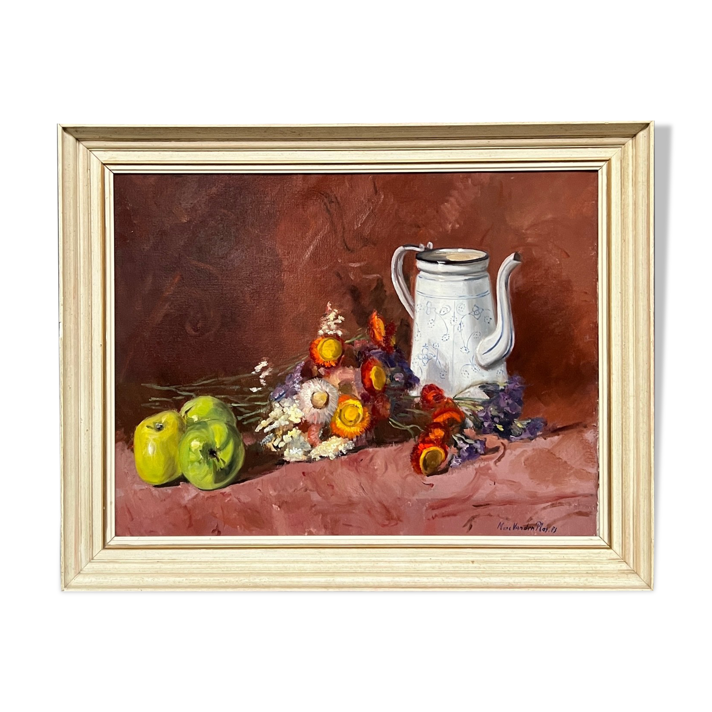 Painting, still life with flowers and fruits.