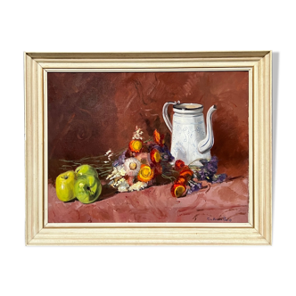 Peinture, nature morte aux fleurs et fruits