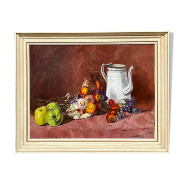 Painting, still life with flowers and fruits.