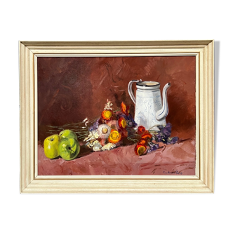 Painting, still life with flowers and fruits.