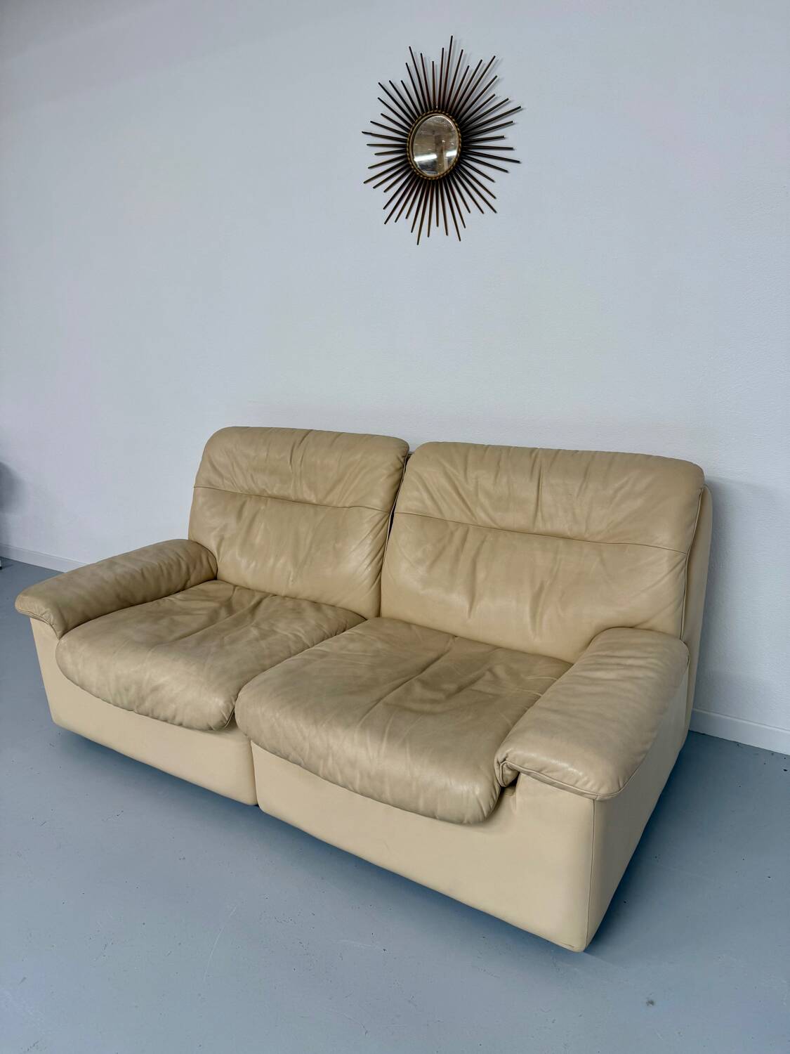 Old 2-seater beige leather sofa designed by Carl Larsson De Sede, vintage 80s