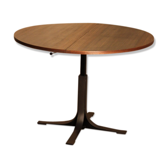 Extendable round table with steel base and wooden top
