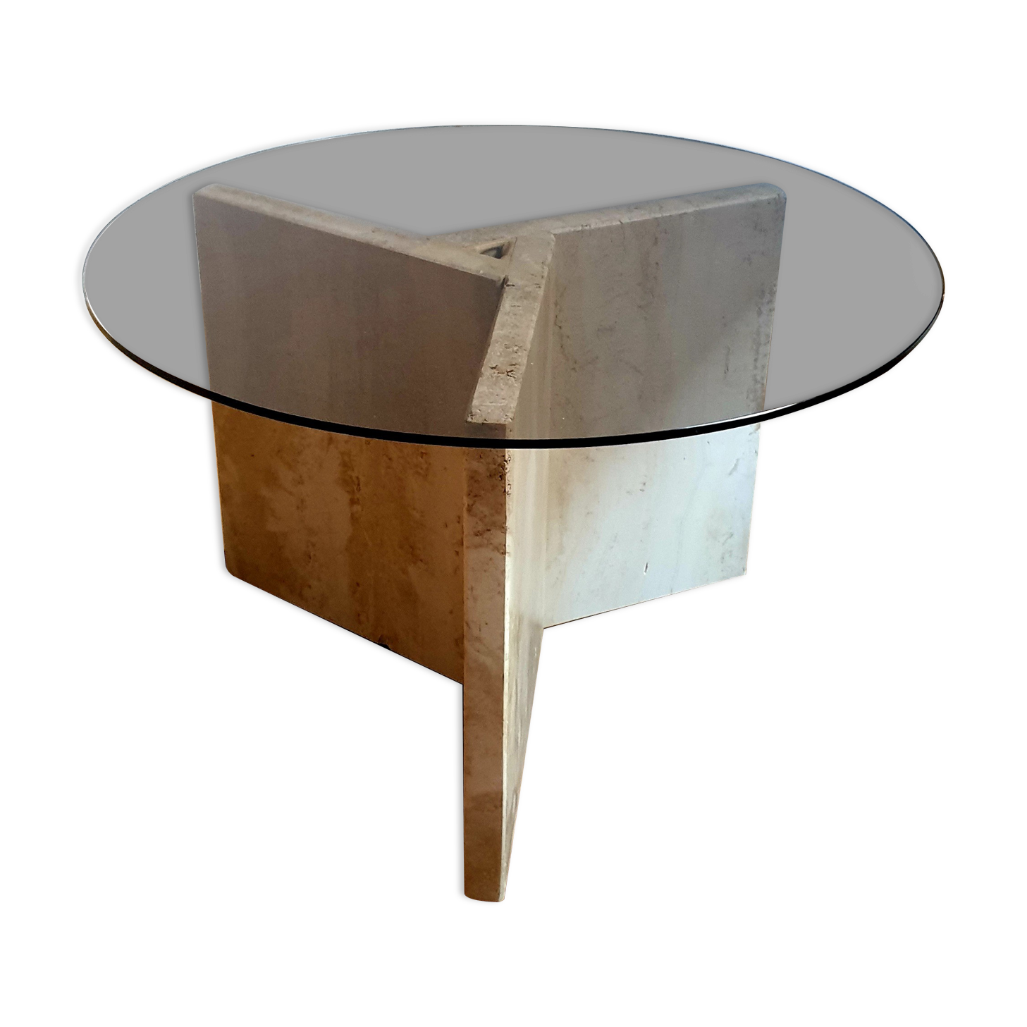 Table basse marbre travertin verre fumé vintage