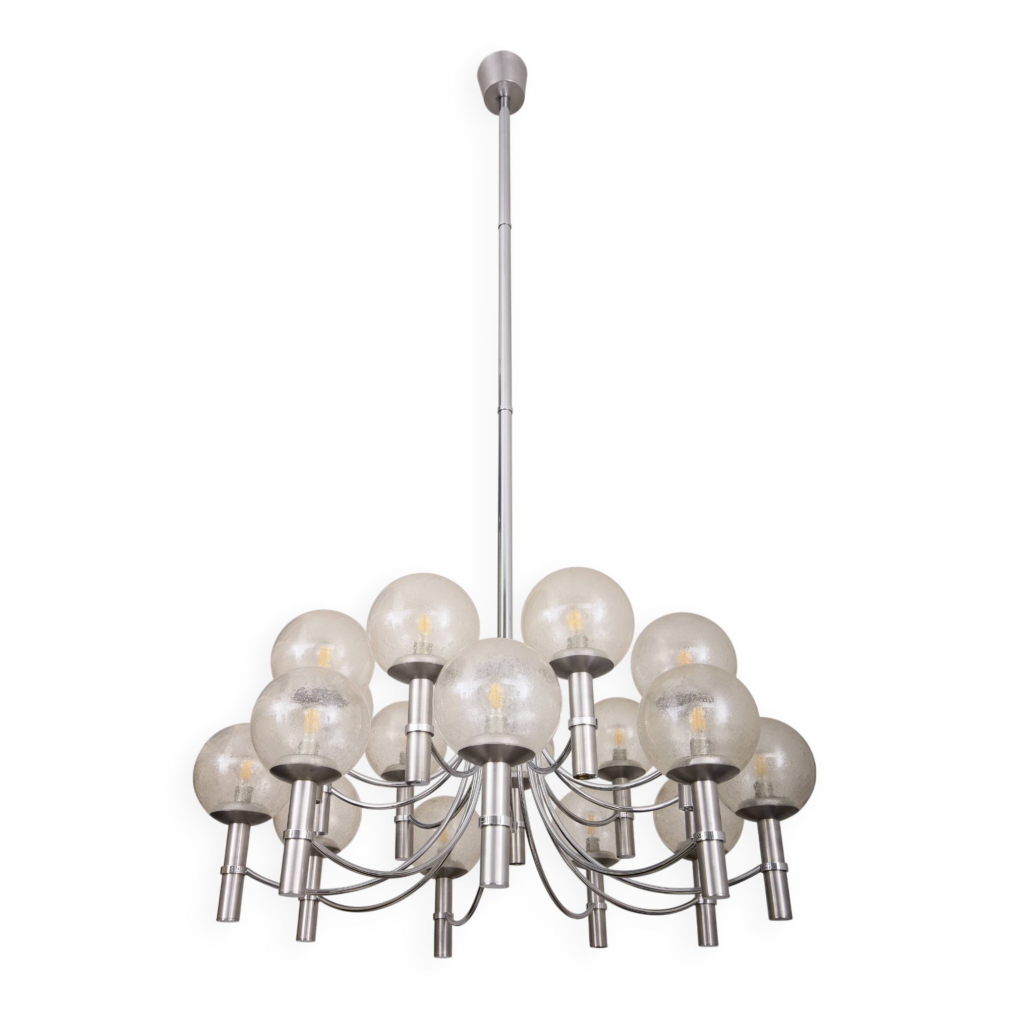 Pair of Veronese chandeliers 165 cms steel glass Murano circa 1970